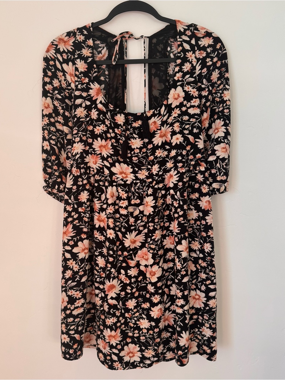 American Eagle Black Floral Babydoll Dress Open Tie Back Coquette Cottagecore M